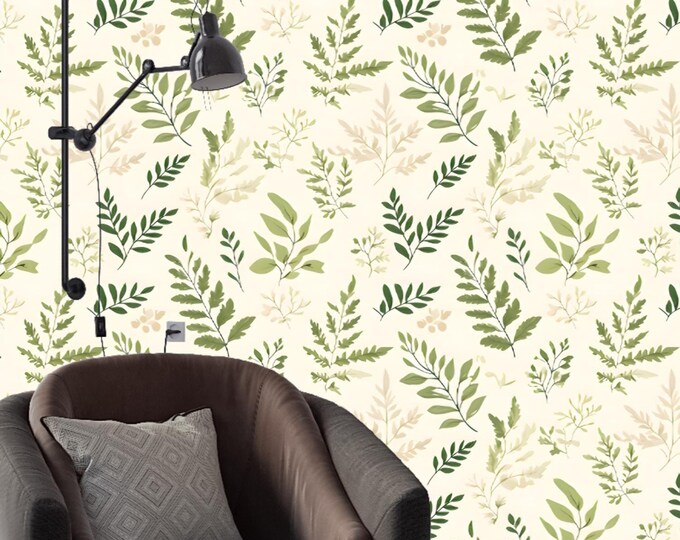 Botanical Leaf Wallpaper, Fern and Olive Design – Peel and Stick or Prepasted Mural – Calm Green Wall Décor for Bedroom & Living Room