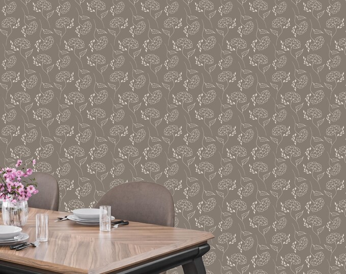 Minimalist Floral Line Art Wallpaper – Neutral Taupe Peel Stick or Paste Wall Mural | Japandi Modern Decor for Bedroom, Living Room & Office