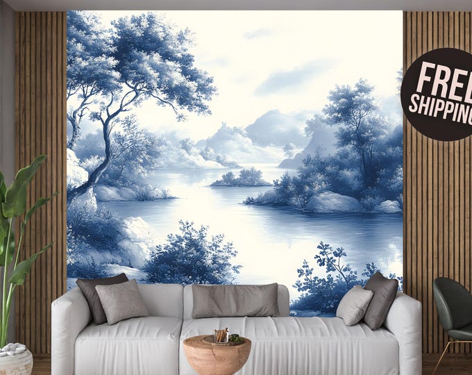 Blue Vintage French Toile Landscape Peel and Stick Wallpaper Mural Decal - Scenic Mural - Vinyl,Canvas or Prepasted Wallpaper for Your Home