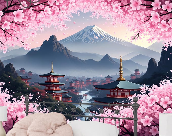 Cherry Blossom Wallpaper, Mount Fuji Mural, Japanese Sakura Peel & Stick, Serene Pink Chinoiserie Art for Calming Japandi Accent Wall