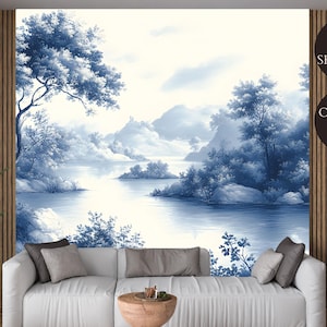 Carta da parati panoramica blu con design di paesaggio pastorale - Vintage Toile River and Forest Mural per soggiorni, camere da letto, eleganti pareti decorative