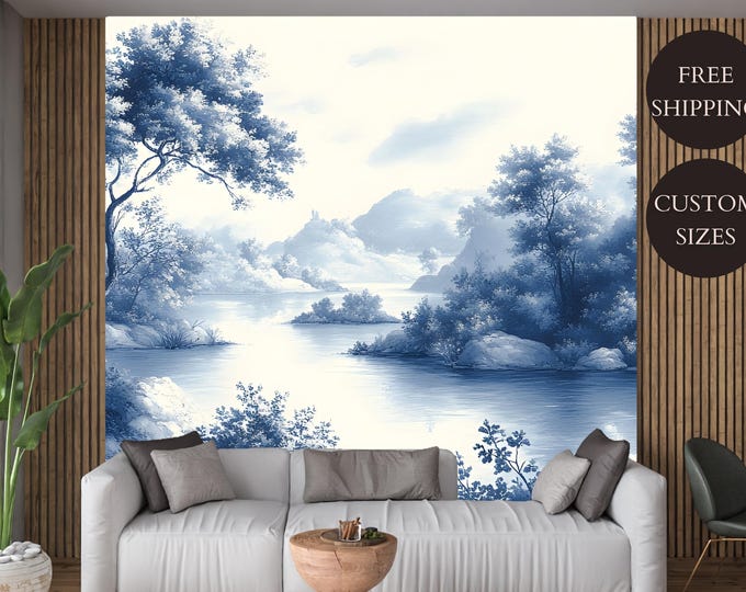 Blue Scenic Wallpaper with Pastoral Landscape Design - Vintage Toile River and Forest Mural for Living Rooms, Bedrooms, Elegant Accent Walls