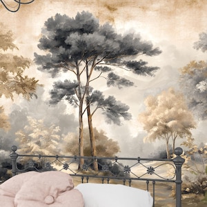 Vintage Botanical Forest Wallpaper Mural: Elegant Neutral Nature Scene