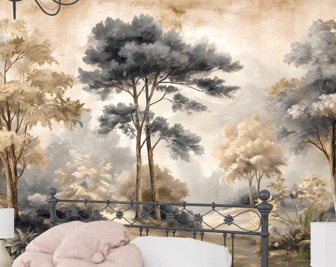 Vintage Botanical Forest Wall Mural Wallpaper, Neutral Tones, Elegant Nature Scene, Large Scale Custom Mural