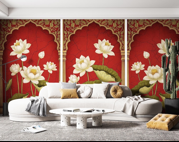 Indian Floral Wallpaper Mural: Vintage Lotus Arch, Peel and Stick