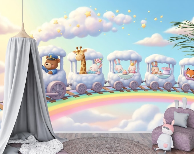 Animal Train Nursery Wallpaper Peel & Stick – Teddy Bear, Giraffe, Rainbow Clouds | Gender-Neutral Baby Wall Mural