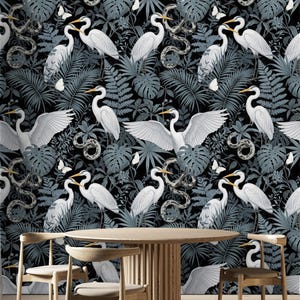 Dark Tropical Heron Wallpaper: Moody Jungle Mural, Exotic Serpent