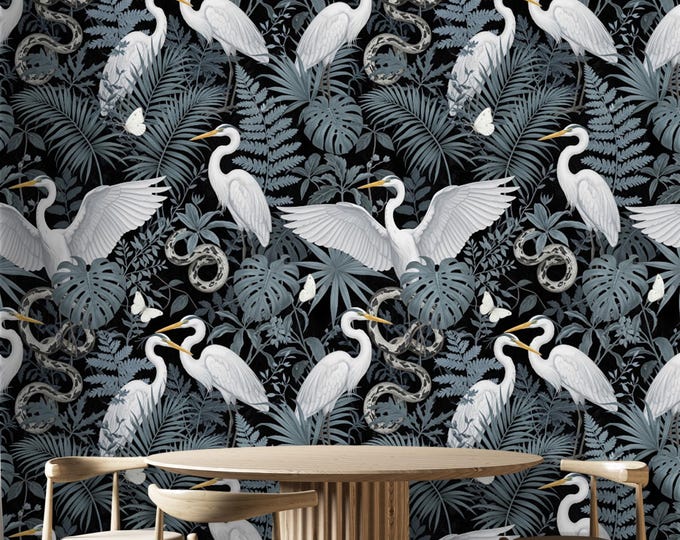Dark Tropical Heron Wallpaper: Moody Jungle Mural, Exotic Serpent
