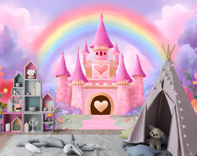 Rainbow Castle Wallpaper Mural – Pink Princess Castle Wall Art, Fairytale Flowers, Peel & Stick,  Magical Storybook Girls Bedroom Decor