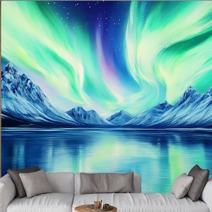 Carta da parati murale con luci del nord, Aurora boreale, paesaggio montano, cielo notturno, paesaggio invernale, stacca e attacca o carta da parati tradizionale