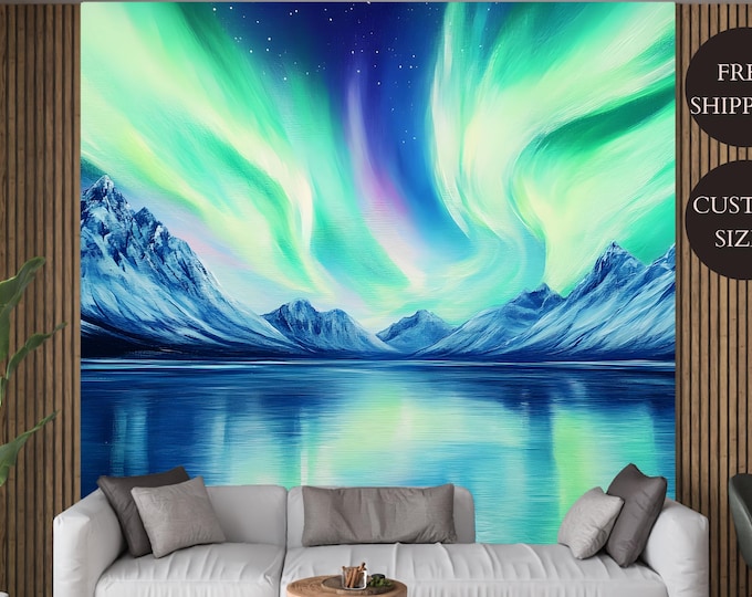 Northern Lights Wallpaper Mural, Aurora Borealis Mountain Landscape Night Sky Scenic Winter Peel and Stick or Traditional Wallpaper