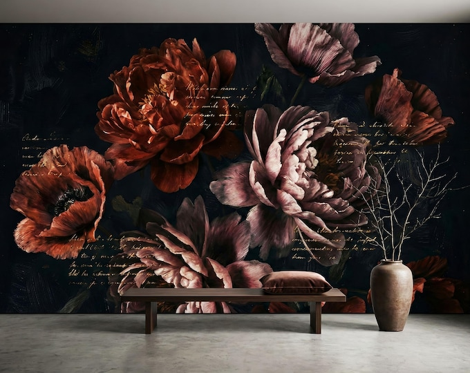 Dark Romantic Floral Wallpaper – Vintage Script Peony Peel and Stick Mural