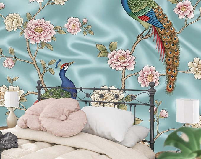 Chinoiserie Peacock Crane Wallpaper: Asian Floral Mural, Removable Peel & Stick