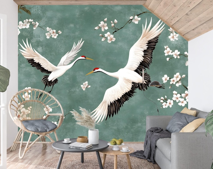 Wallpaper Elegant Japanese Crane Mural | Oriental Style Wall Art with Cherry Blossoms & Bamboo | Nature  Home Decor for Zen Spaces