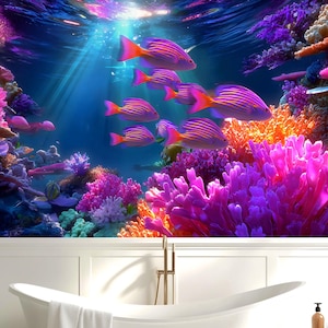 Tropical Fish Wallpaper: Colorful Coral Reef Wall Mural (Peel and Stick or Traditional)