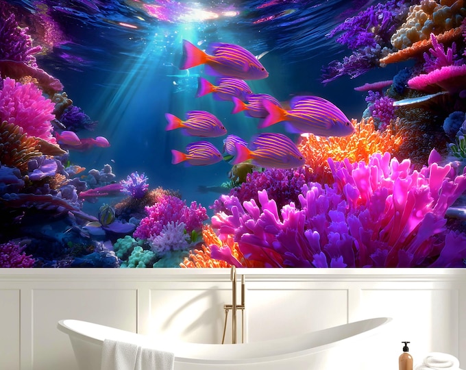 Underwater Colorful Tropical Fish Ocean Wallpaper | Coral Reef Wall Decal | Peel and Stick or Traditional Wallpaper Mural