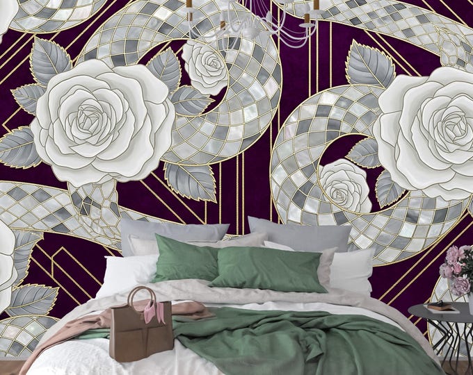 Art Deco Wallpaper Snake & Rose Mural – Purple Gold Geometric Peel and Stick, Dark Botanical Removable Wall Art