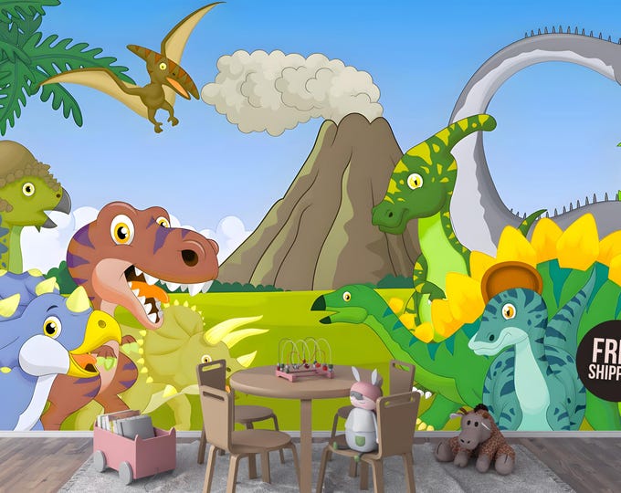 Fun Dinosaur World Nursery Wallpaper Mural for Boys Bedroom – For Kids’ Rooms and Playroom