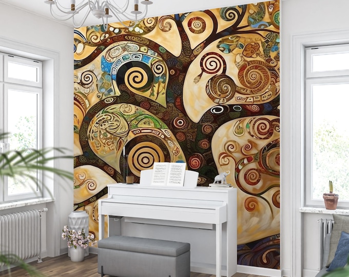Art Deco Tree of Life Wallpaper - Gustav Klimt Art Nouveau Wall Peel and Stick Mural Decor for Home Improvement and Gifts