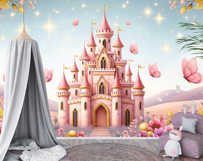 Princess Castle Wallpaper Mural, Pink Fairytale Wall Decor for Girls Room, Peel and Stick Magical Kingdom Nursery Art with Butterflies