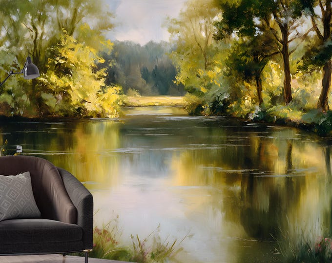 Oil Painting Forest Lake Wallpaper Mural | Scenic Landscape Wall Art | Peel and Stick Removable Wall Decor for Bedroom or Living room