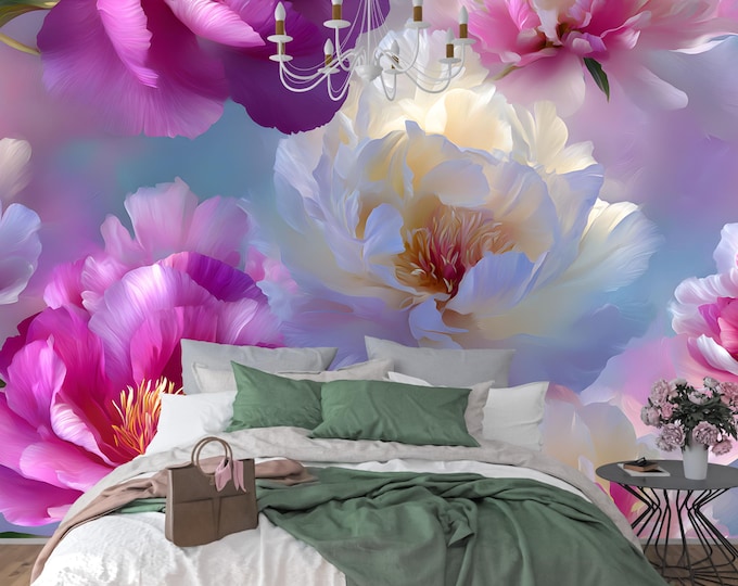 Oversized Pink Peony Floral Wallpaper Mural – Pastel Flowers Peel and Stick, Removable Bedroom Accent, Modern Botanical, Luxury Decor