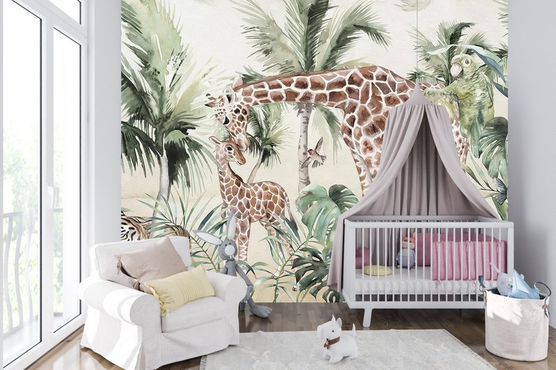 Jungle Wallpaper for child with Safari Wildlife animals Peel and Stick Wallpaper, Animals Wall Mural, Removable Wallpaper,Animated wallpaper image 7