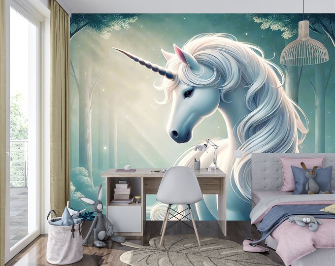 Nursery Fantasy White Unicorn Removable Wallpaper Mural - Peel and Stick Tile Wallpaper for Girls bedroom
