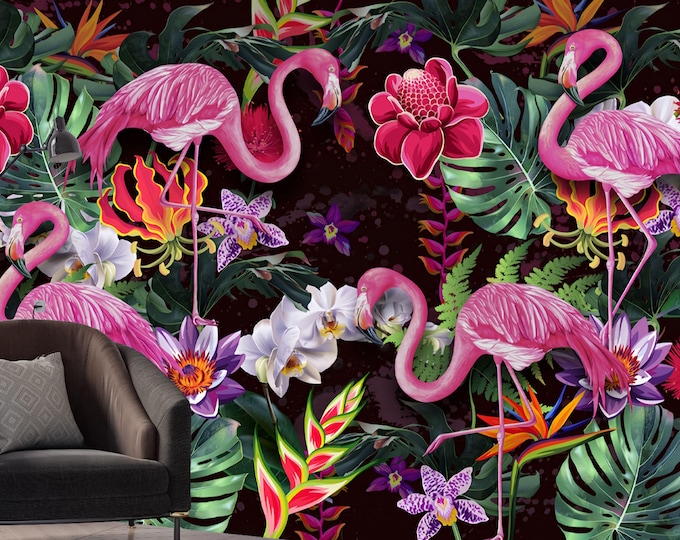 Pink Flamingo Bird Wallpaper Peel and Stick, Maximalist Dark Tropical Wall Mural, Exotic Jungle Decor, Moody Botanical Removable Wallpaper