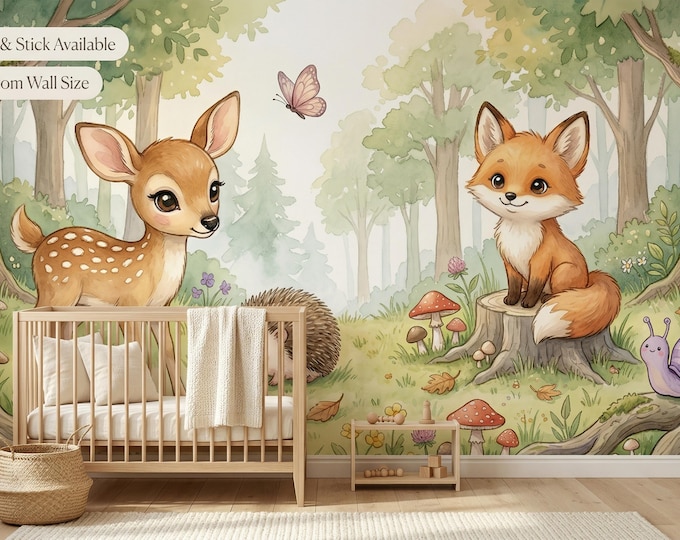 Woodland Animals Watercolor Nursery Wallpaper Mural, Deer Fox Hedgehog Peel and Stick
