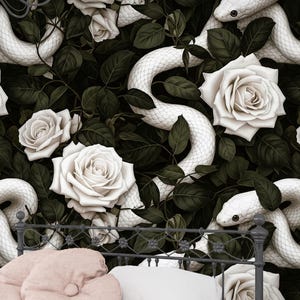 Gothic Snake Wallpaper – Dark Academia Serpent & Rose Mural, Moody Botanical Peel and Stick, Witchy Accent Wall Deco