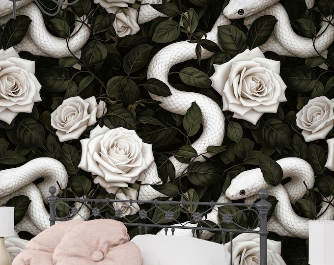 Gothic Snake Wallpaper – Dark Academia Serpent & Rose Mural, Moody Botanical Peel and Stick, Witchy Accent Wall Deco