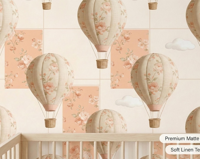 Floral Hot Air Balloon Nursery Wallpaper, Blush Peach Grid, Peel and Stick Mural