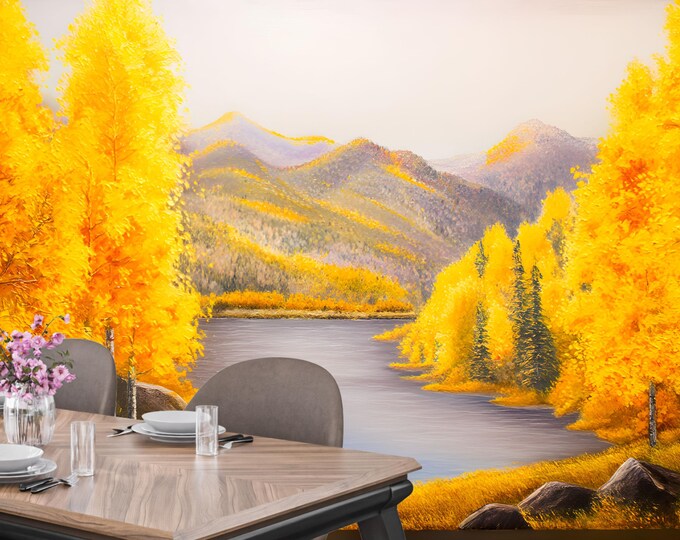 Autumn Forest Wallpaper – Fall Landscape Wall Mural with Lake and Mountains – Cozy Tree Peel and Stick or Traditional Wallpaper