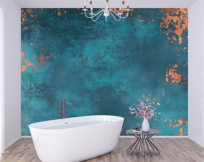 Teal and Copper Industrial Textured Wallpaper Mural - Peel and Stick Abstract Wall Art for Modern Accent Walls, Living Room, Office Interior