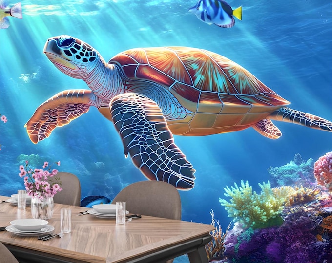 Underwater Sea Turtle Coral Reef Coastal Wallpaper Mural, Marine Life Tropical Fish and Deep Sea Peel and Stick Aquatic Home Decor