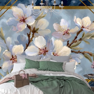 Carta da parati murale con fiori di ciliegio - Carta da parati floreale acquerello blu, oro Art Déco, decorazione per camera da letto, stacca e attacca, carta da parati botanica moderna