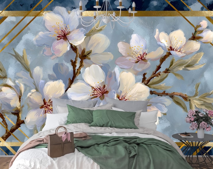 Cherry Blossom Wallpaper Mural – Blue Watercolor Floral Wall Art, Art Deco Gold, Bedroom Accent, Peel & Stick, Modern Botanical Wallpaper
