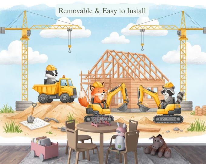 Animal Construction Nursery Wallpaper, Boys Room Mural, Nursery Peel and Stick Decal