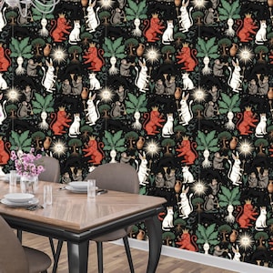 Weird Medieval Library Wallpaper: Dark Academia Mythical Animals Mural