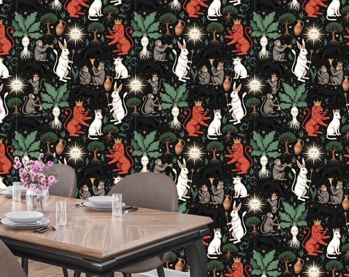 Weird Medieval Library Wallpaper: Dark Academia Mythical Animals Mural