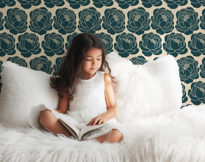 Dark Teal Peony Wallpaper Mural: Botanical Oversized Floral Rolls