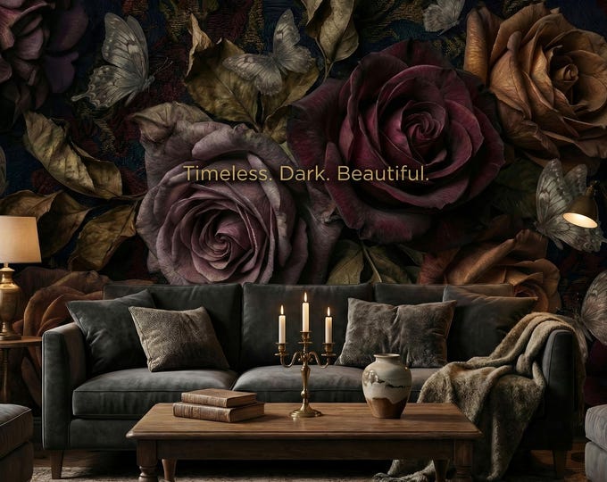 Dark Vintage Rose Wallpaper – Gothic Butterfly Floral Peel and Stick Mural