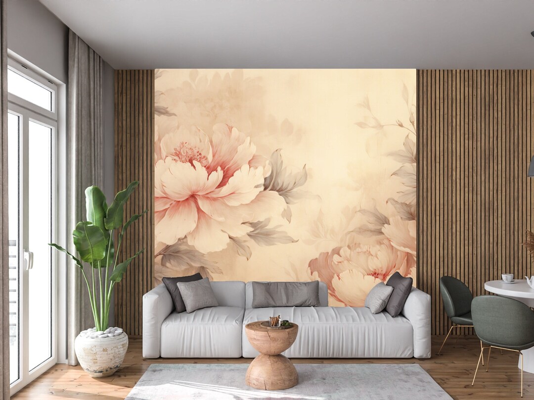 Vintage Peony Floral Wallpaper Mural: Peel and Stick Wall Art - Etsy