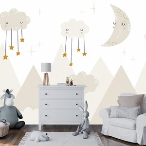 Nursery Moon, Stars and Clouds Wallpaper Mural Decal Kids Room ...