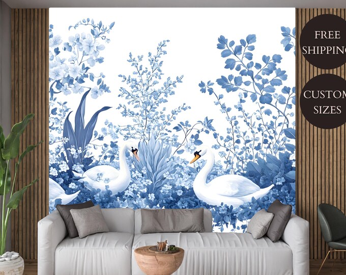 Vintage Chinoiserie Blue Floral Peel and Stick Wallpaper Mural - Botanical Garden with Swans Wallpaper for Living Room or Bedroom