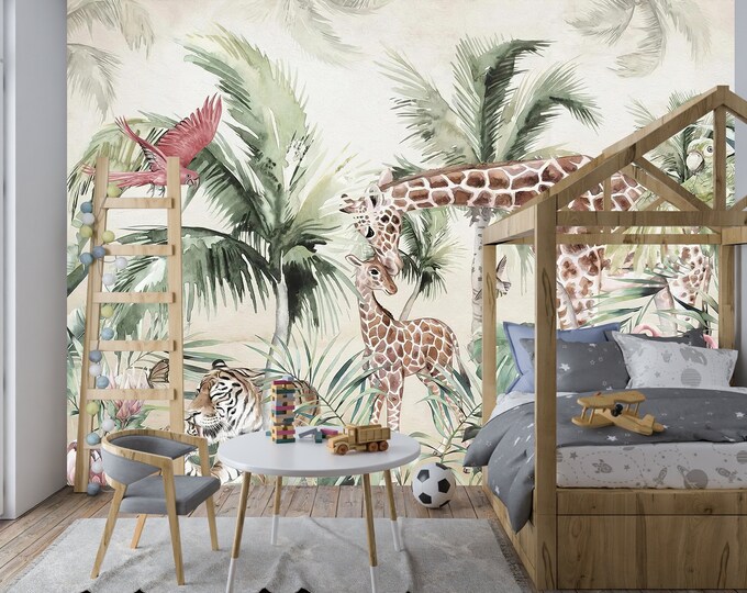 Tropical Safari Peel and Stick Wallpaper | Exotic Jungle Animal Design | Removable Wall Covering | Perfect for Kids' Rooms, Nurseries