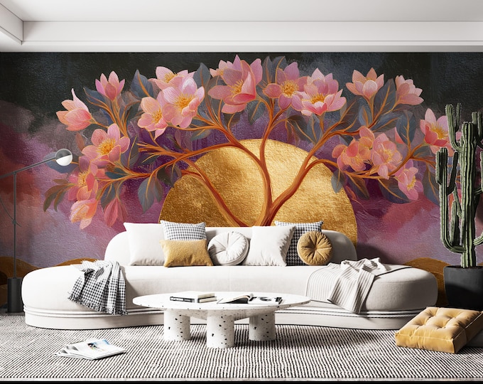 Spiritual Tree of Life Wall Mural – Boho Gold Yoga Studio Wallpaper