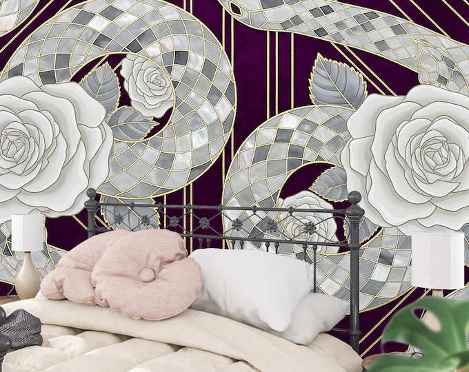 Art Deco Snake & Rose Mural: Purple Gold Geometric Peel and Stick Removable Botanical Wall Covering