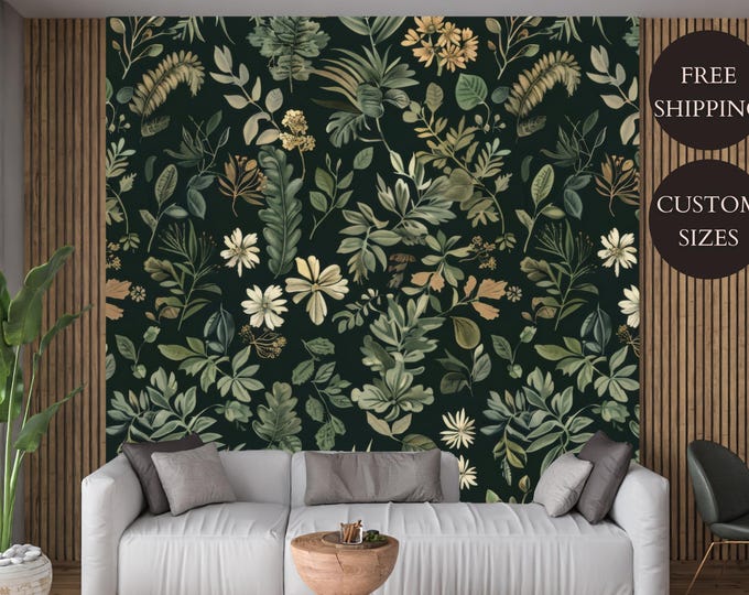 Vintage Green Floral Botanical Peel and Stick Wallpaper Mural Decal for Boho Interiors, Living Room, Office, or Bedroom